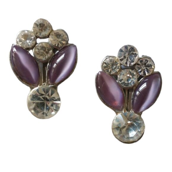 Victorian Rhinestone Earrings Purple Art Deco Lavender Screw Back Silver Tone - Picture 3 of 15